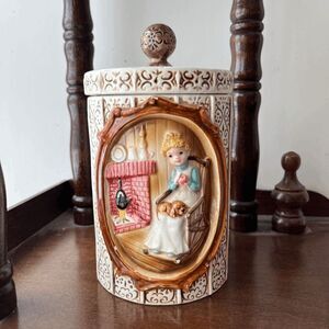 VTG 1978 Sears Japan Ceramic Canister Jar MR Girl by Fireplace Dog Lid 3D Relief